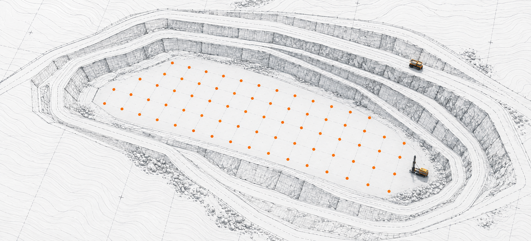 Illustrated open-pit blast bench with drill pattern