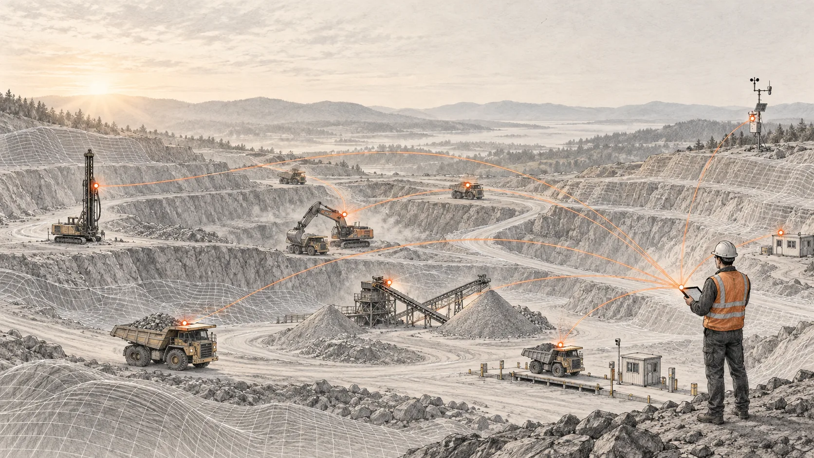 Connected digital quarry: drill rig, excavator, haul trucks, crusher, weighbridge, weather station and site office linked by data lines to a supervisor’s tablet