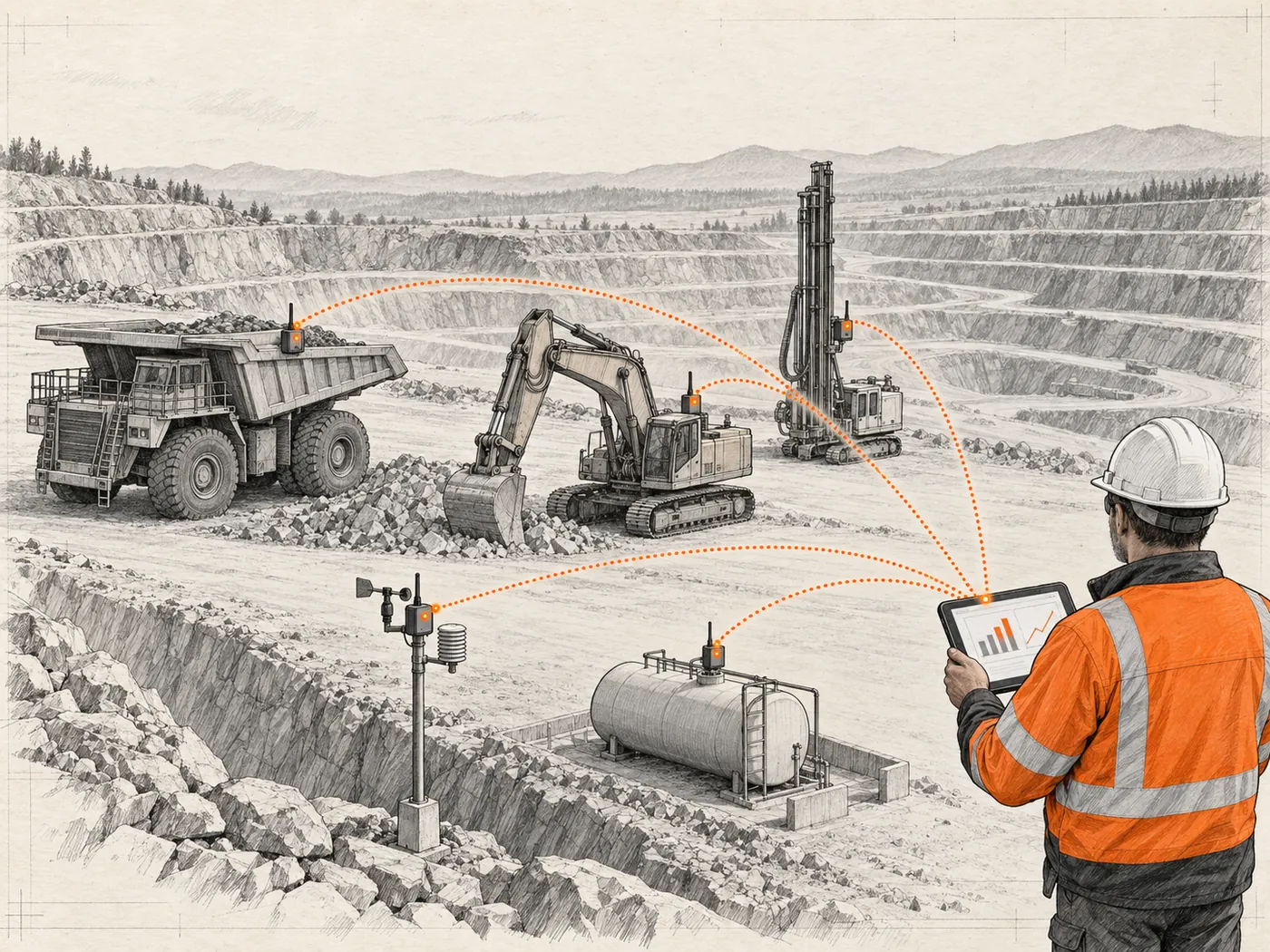Illustration of quarry equipment, a weather station and a fuel tank fitted with sensors, sending live data to a supervisor’s tablet