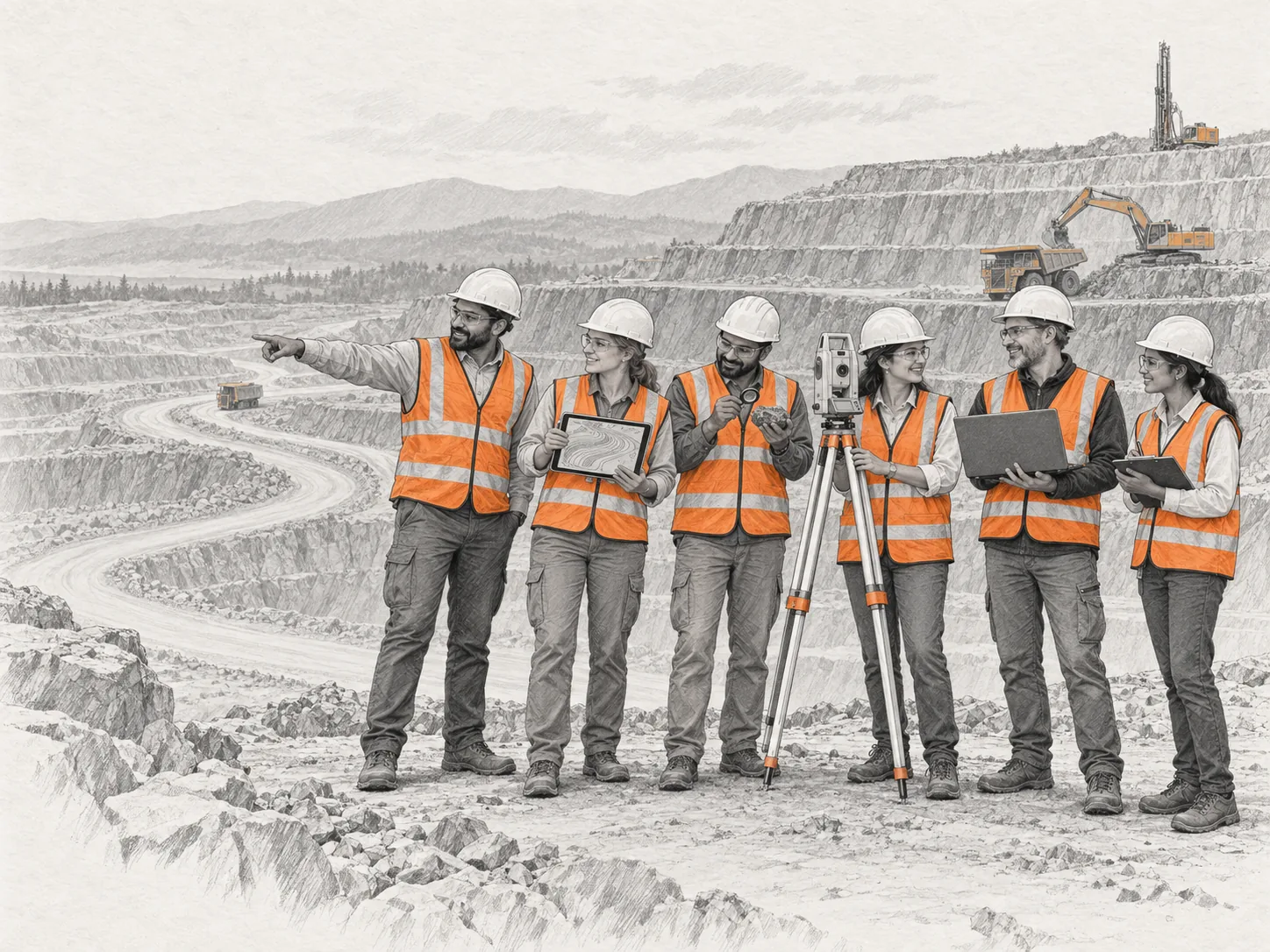 MineBook team of mining engineers, a geologist, a surveyor with a total station, a civil engineer and a software engineer on a quarry bench