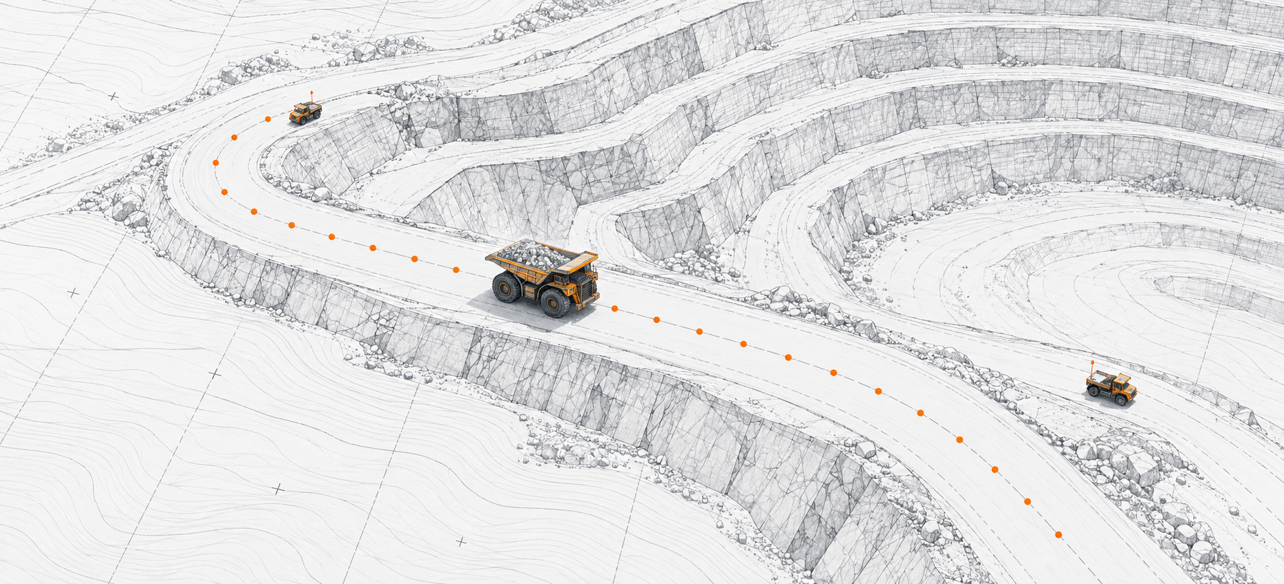 Illustrated quarry haul road winding between benches with haul trucks