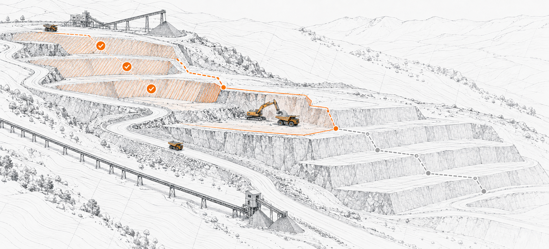 Illustrated quarry benches showing operational progress