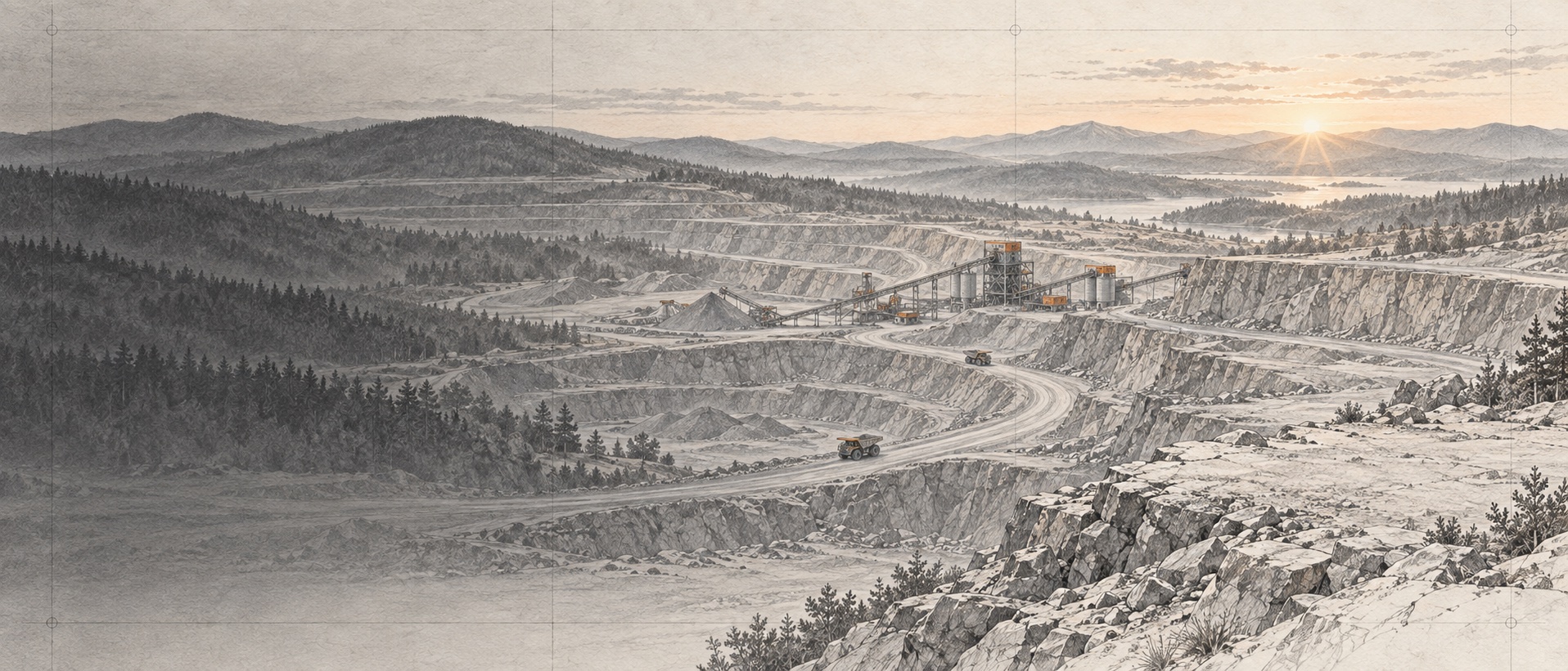 Illustrated quarry with processing plant seen from an overlook