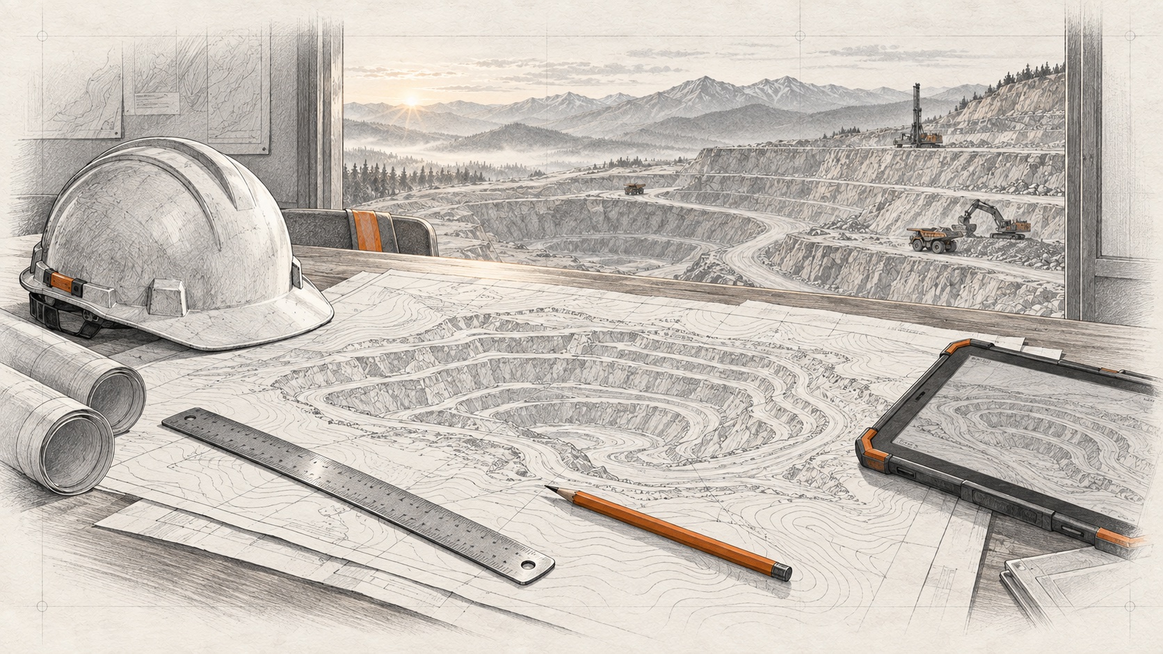 Mine plan, hard hat, ruler and tablet arranged on a site-office table